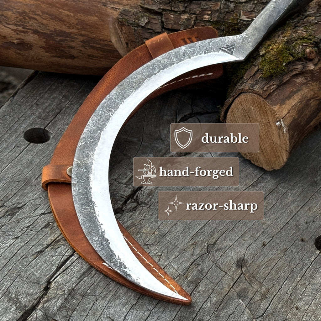 Hand-forged large sickle by Sharky Forged Steel Tools, 19 cm diameter, with curved blade for harvesting or gardening.