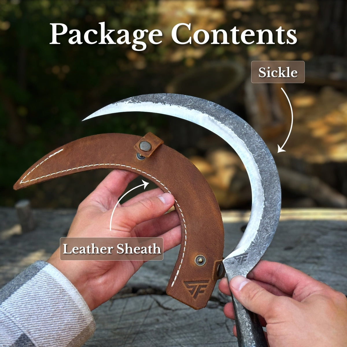 Hand-forged large sickle by Sharky Forged Steel Tools, 19 cm diameter, with curved blade for cutting grass and thick vegetation.