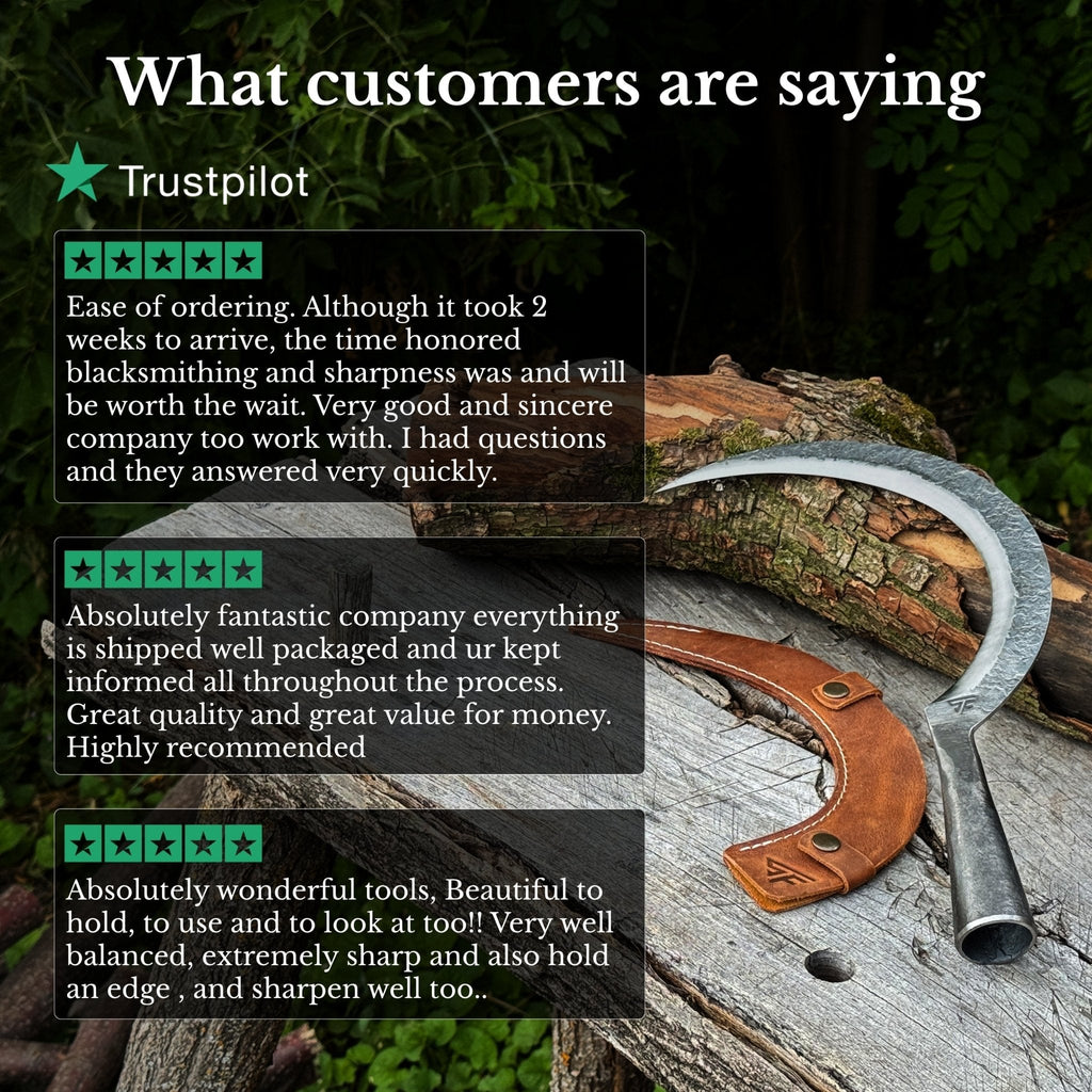 Hand-forged large sickle by Sharky Forged Steel Tools, 19 cm diameter, with curved blade for harvesting and gardening.