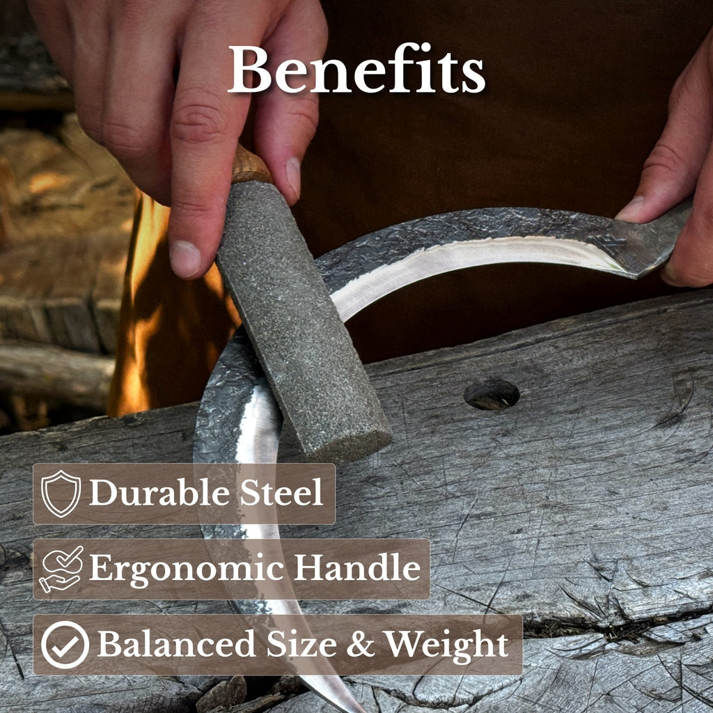 Hand-forged large sickle by Sharky Forged Steel Tools with a 19 cm (7.5 inch) curved blade for gardening and harvesting.