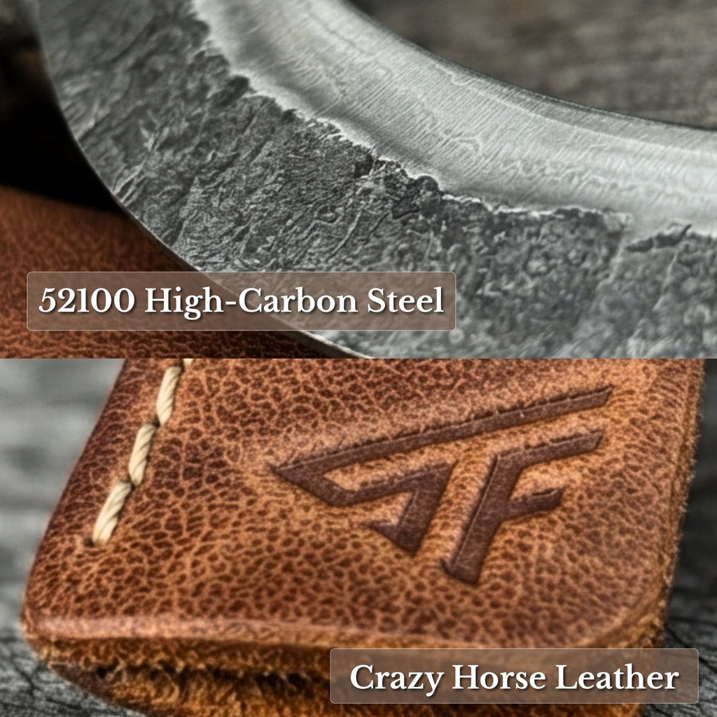 Hand-forged large sickle by Sharky Forged Steel Tools, 19 cm diameter, with curved blade for gardening or harvesting.