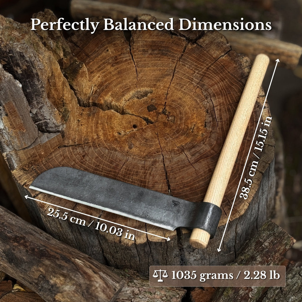 Hand-forged Sharky Steel splitting froe blade, 25.5 cm (10 inches), with a sturdy handle for splitting wood and timber.