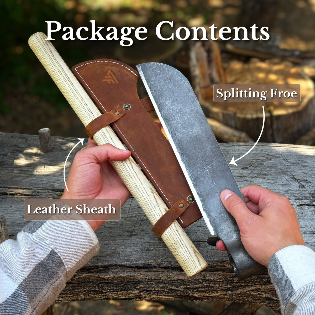 Hand-forged Sharky Steel splitting froe blade, 25.5 cm (10 inches), with a sturdy handle for wood splitting and shaping.