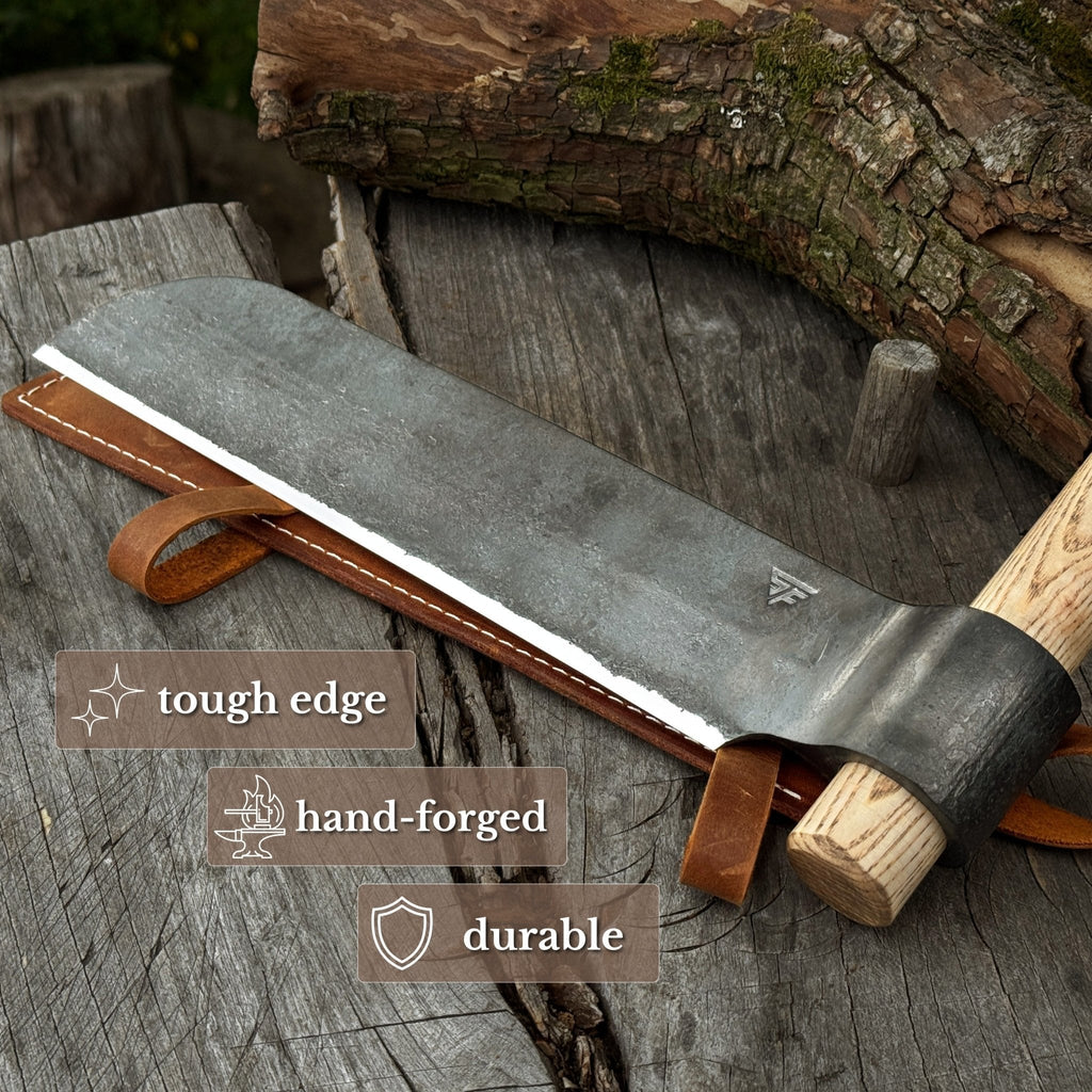 Hand-forged splitting froe blade by Sharky Forged Steel Tools, 25.5 cm (10 inches), with a sturdy metal blade for splitting wood.
