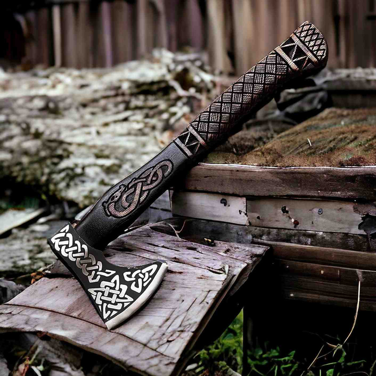 Hand-forged Viking axe with Celtic knotwork design, bearded blade, carved handle, by MALIKA KNIVES.