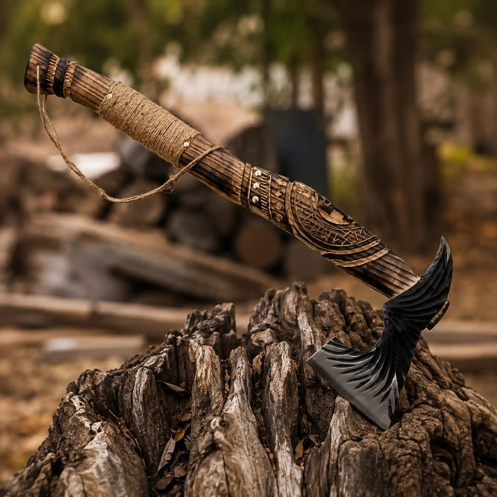 Raven Feather Viking Axe – Hand-Forged 1075 Steel Bearded Axe, Carved Rope-Wrapped Handle
