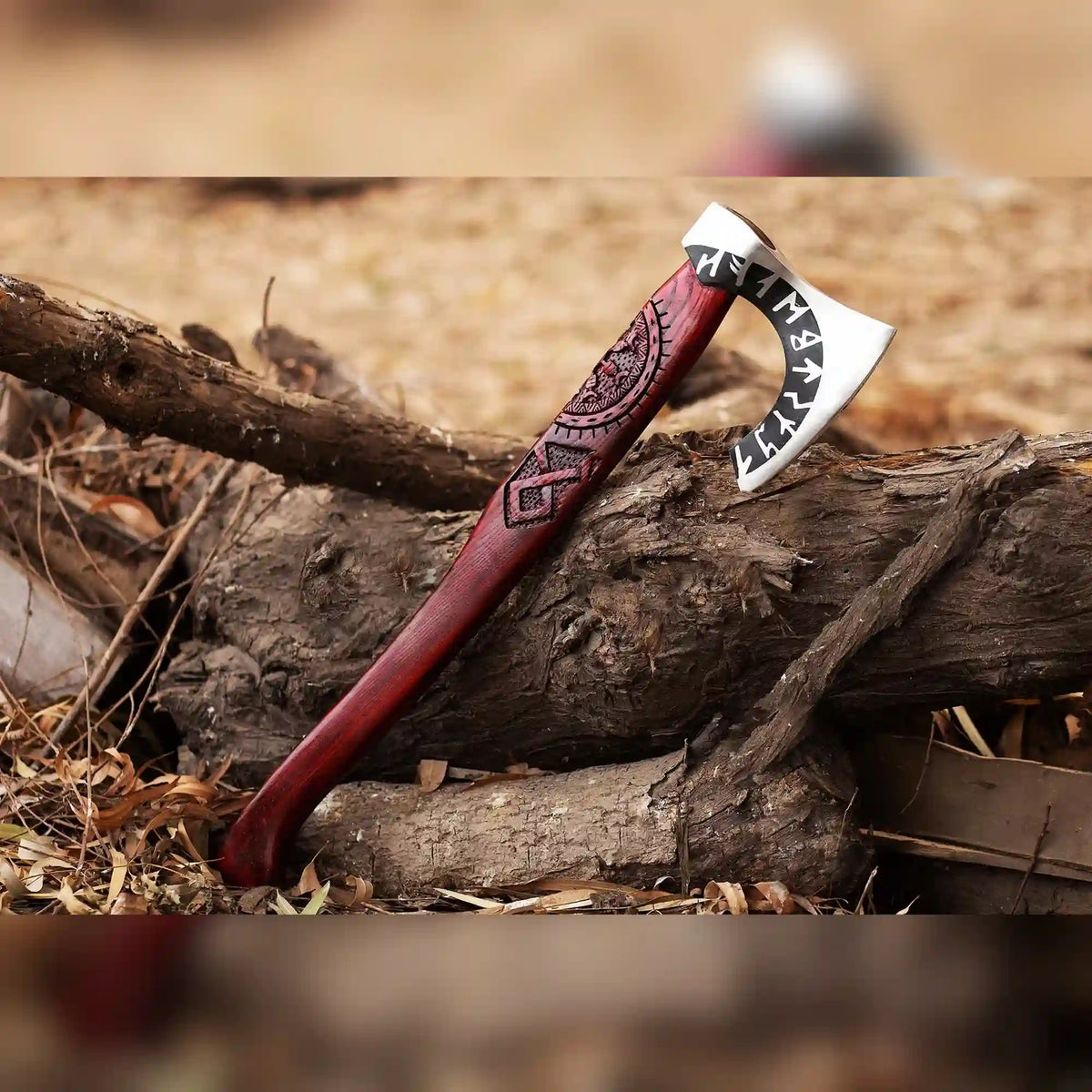 Hand-forged Viking Runic Bearded Axe with long ash handle by MALIKA KNIVES, featuring detailed runic carvings on the steel head.
