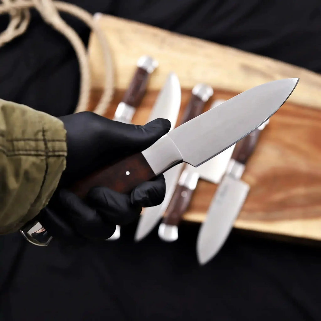 6-Piece High Carbon Steel Kitchen Knife Set with Leather Roll Olive Wood Handles, Steel Bolsters, 7 to 12 Inc