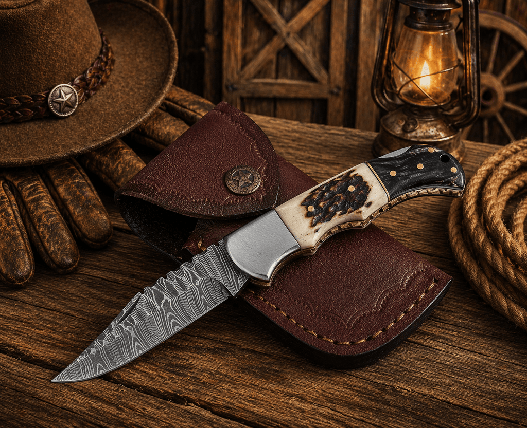 Handcrafted Damascus pocket knife with engraved blade, stag horn and Pakka wood handle, ideal for EDC and hunting.