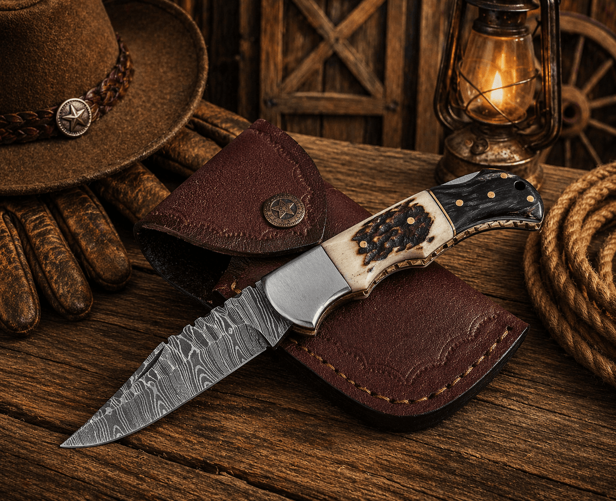 Handcrafted Damascus pocket knife with engraved blade, stag horn and Pakka wood handle, ideal for EDC and hunting.
