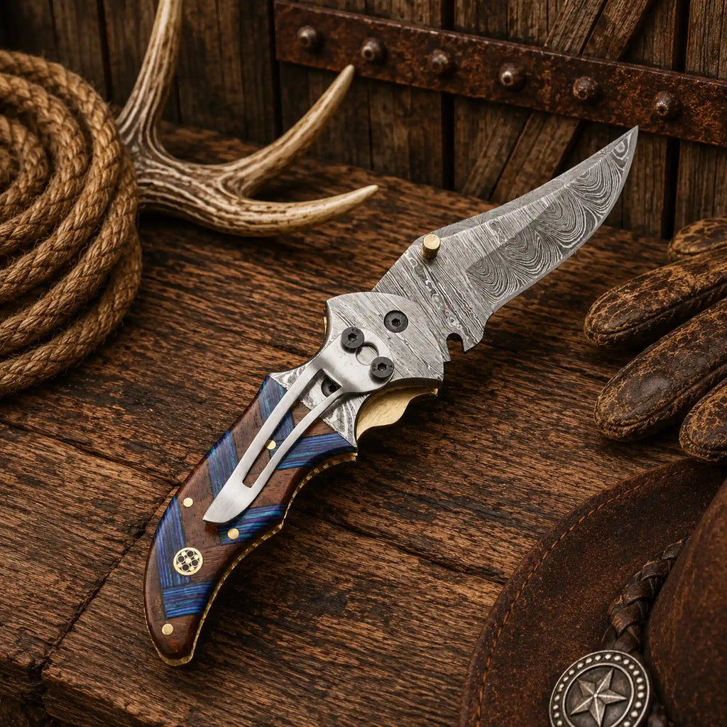 SHAM KNIVES 7.25-inch Western cowboy folding pocket knife with Damascus steel blade and compact wood handle.