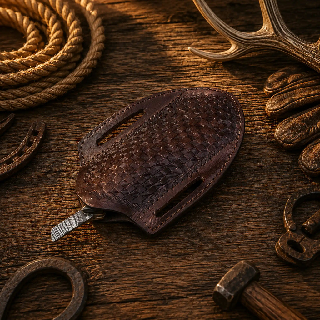 Handmade Damascus Steel Straight Razor with buffalo horn handle and leather sheath, crafted by cskforged.