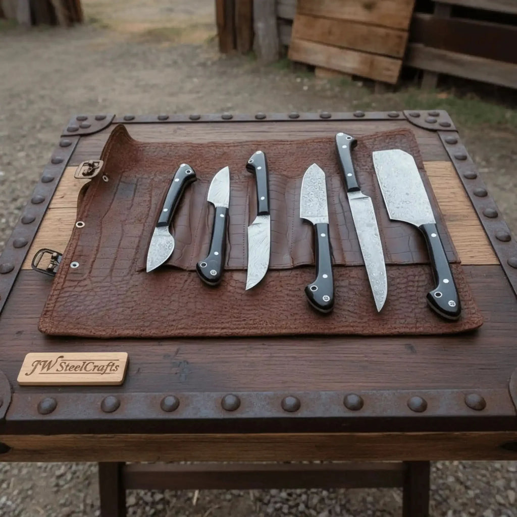 6-Piece Damascus Kitchen Knife Set with Leather Roll — Black Resin Handles, Steel Bolsters, 7 to 10 Inch Blades | JW Steel Crafts
