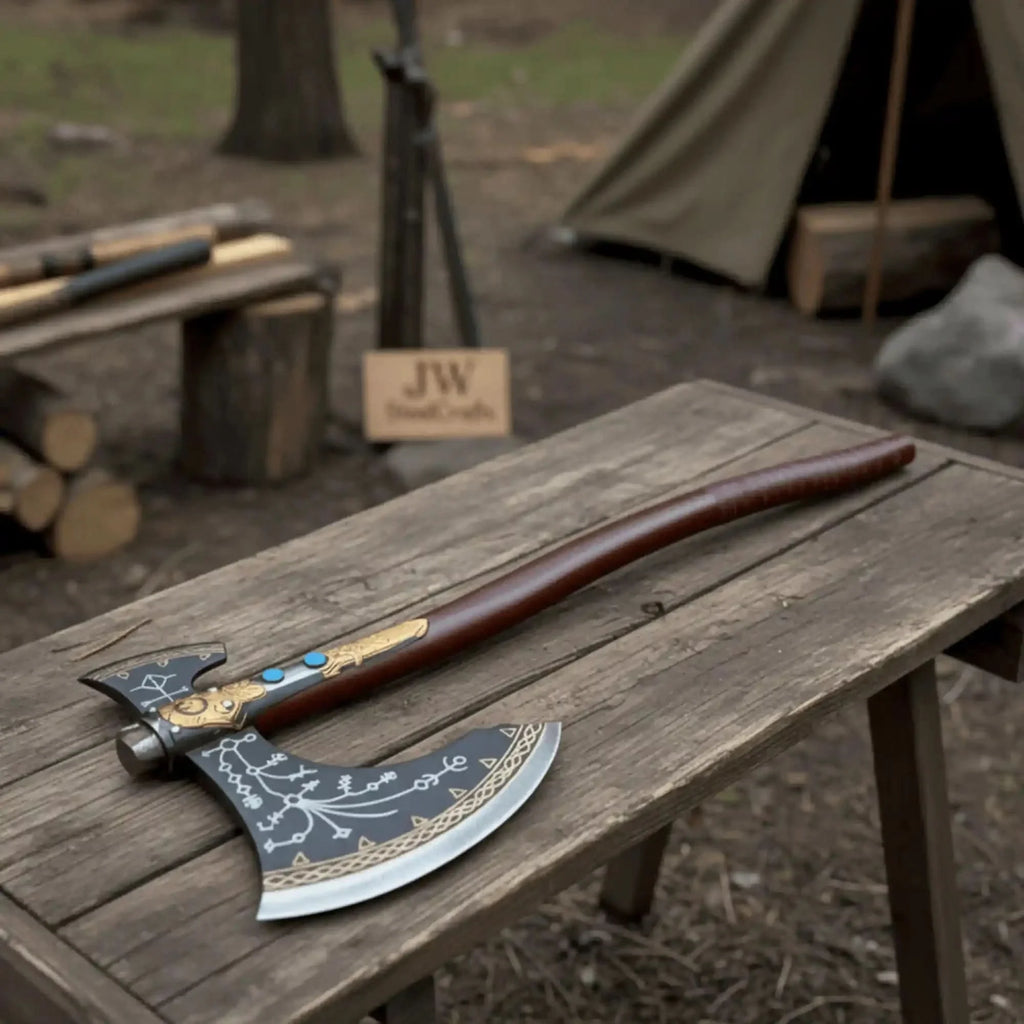 Hand Forged Viking Fantasy Double-Bit Axe with Norse Engraving, Gold Handle Fittings and Blue Gemstone Inlays