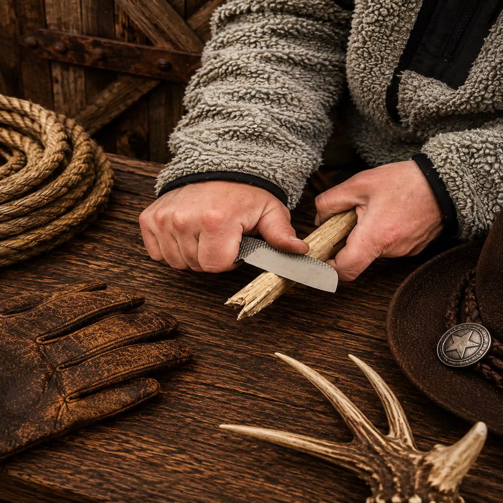 Handcrafted cowboy Rasp File Rodeo Carry Knife by SHAM KNIVES with 3.75-inch blade and buffalo horn handle.