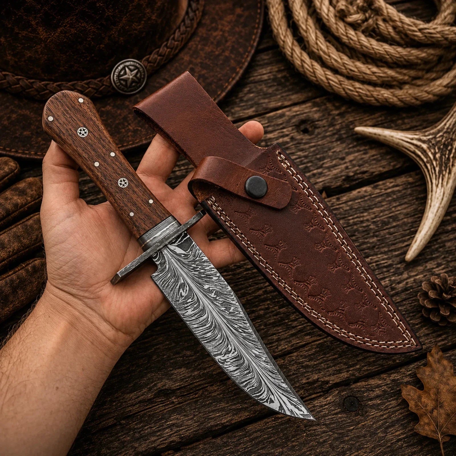 Handmade 11" Feather Damascus Bowie Knife with Rosewood Handle & Leather Sheath