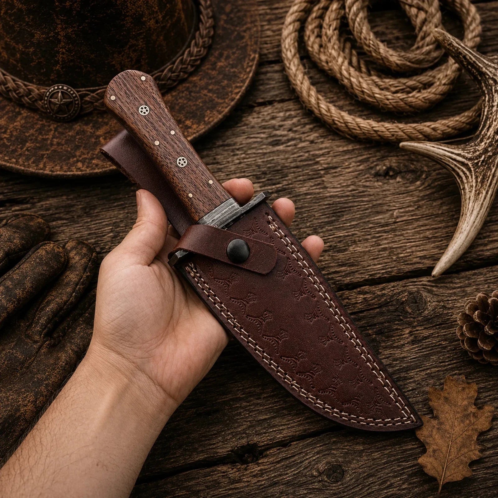 Handmade 11" Feather Damascus Bowie Knife with Rosewood Handle & Leather Sheath
