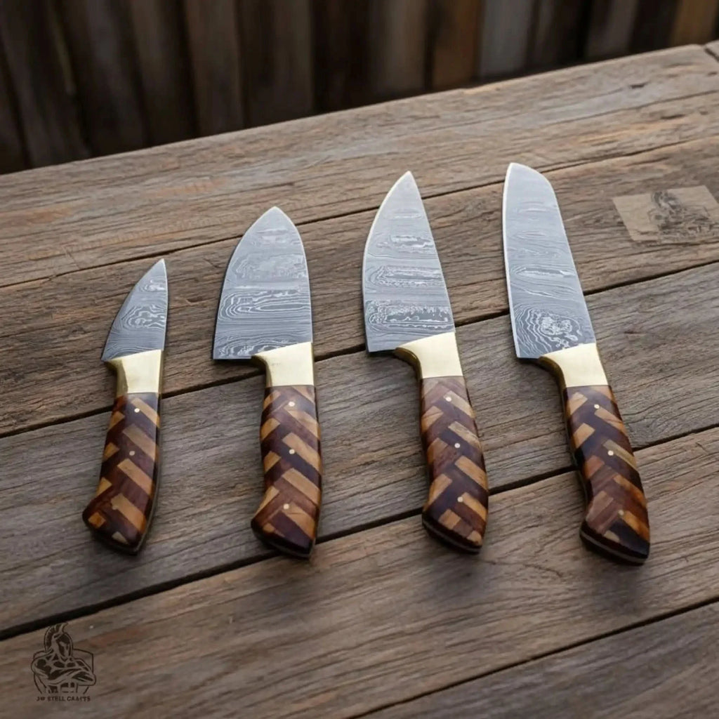 Custom Made Chef Knife Set with 4-Piece Damascus Blades and Chevron Wood Handles