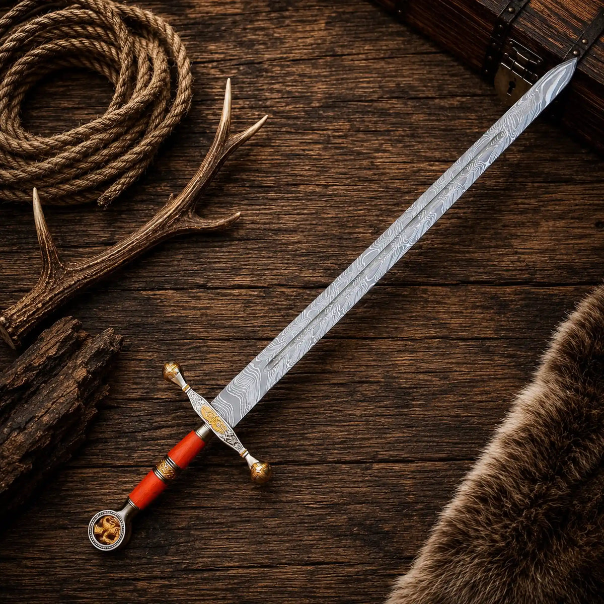 Handmade Damascus steel Viking sword with detailed fantasy design, crafted by CSK Forged, ideal for display or collection.