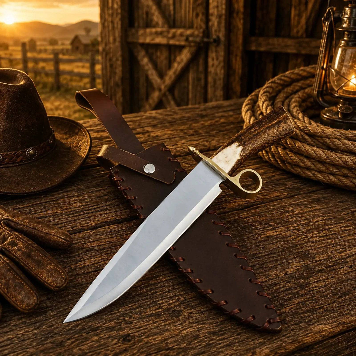 Handmade Bowie knife by SHAM KNIVES with D2 steel blade and real stag antler handle, showcasing intricate Damascus craftsmanship.