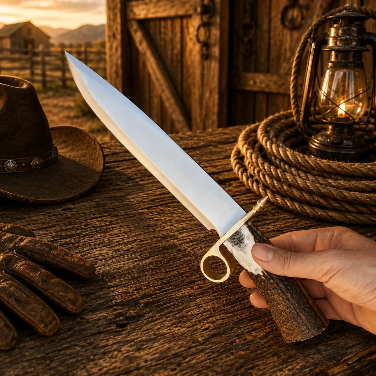 Handmade Bowie knife with D2 steel blade and real stag antler handle, crafted by SHAM KNIVES.