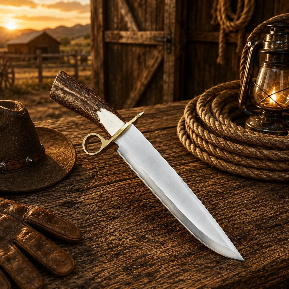 Handmade Bowie knife with D2 steel blade and real stag antler handle, crafted by SHAM KNIVES.