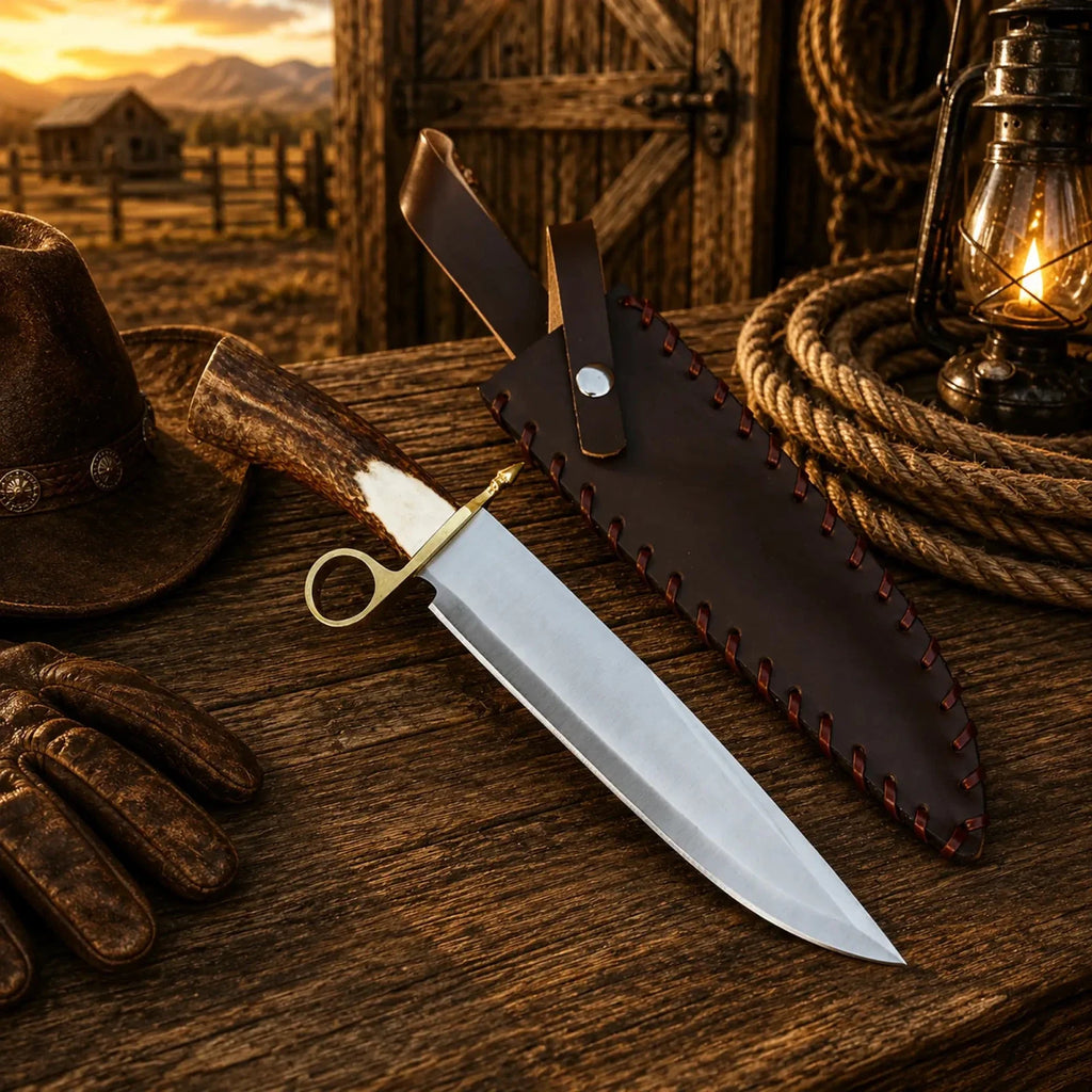 Handmade Bowie knife with D2 steel blade and real stag antler handle, crafted by SHAM KNIVES.