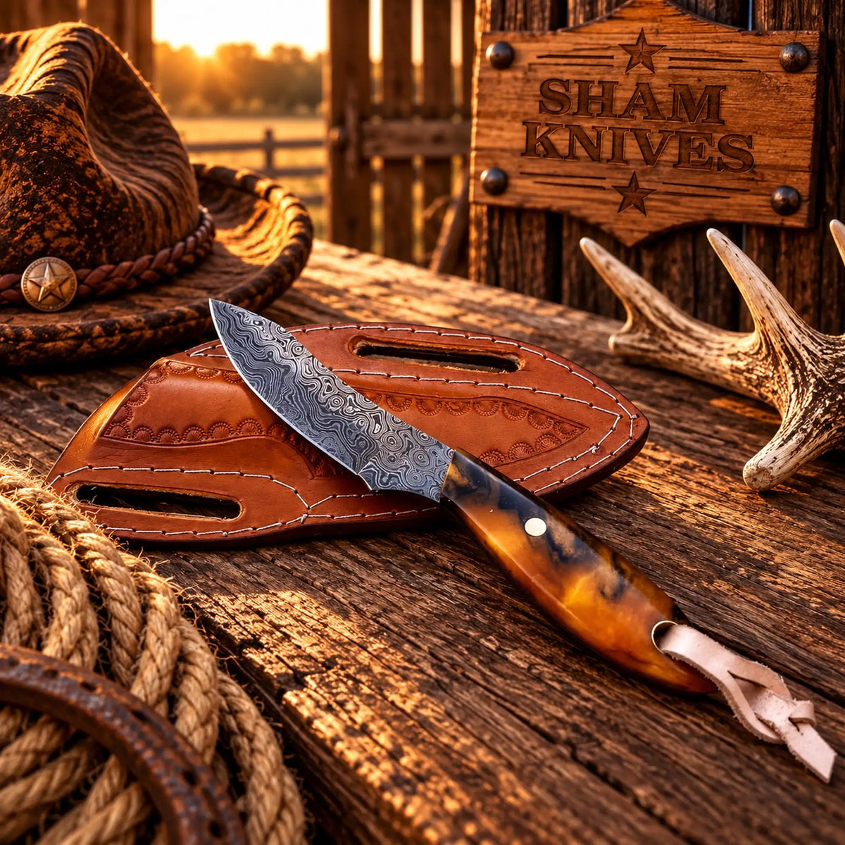 Handmade Buckaroo Belt Knife – 3.5” Raindrop Damascus Blade with Pancake Leather Pouch