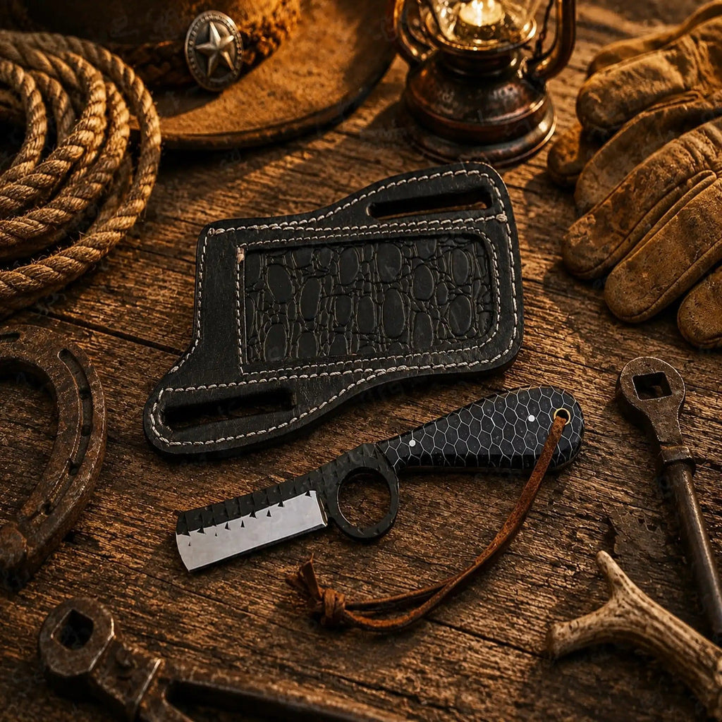 Handmade SHAM KNIVES bull cutter with D2 powder-coated blade, honeycomb handle, and front pancake leather sheath.