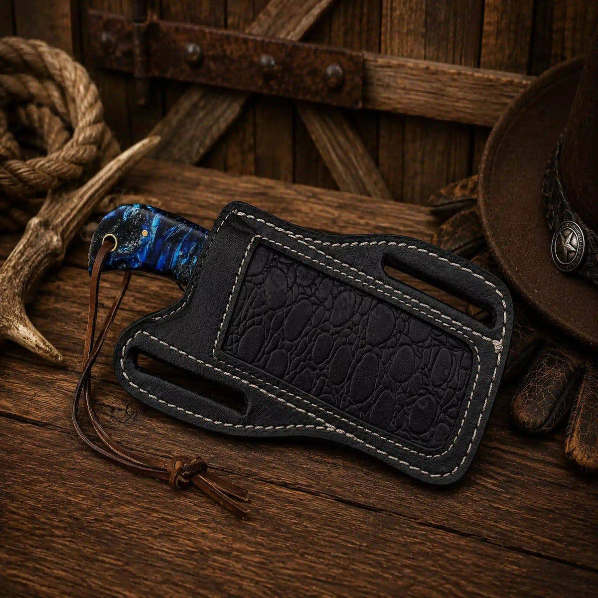 Handmade cowboy Rasp File D2 Steel Bull Cutter Knife with blue epoxy resin handle and pancake sheath, by SHAM KNIVES.