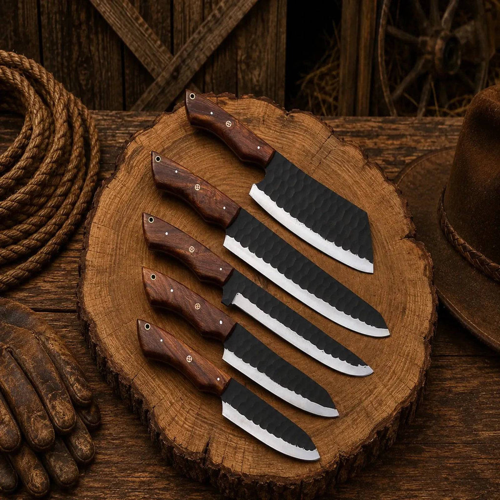 Handmade SHAM KNIVES chef knife set with five carbon steel knives featuring wood handles and Damascus-style blades.