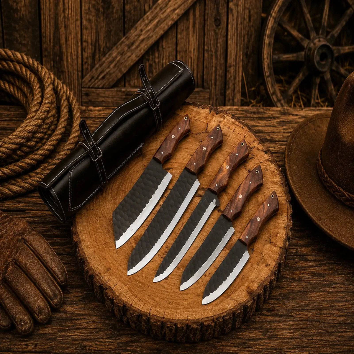 Handmade SHAM KNIVES chef knife set with five carbon steel knives featuring wood handles, showcasing craftsmanship and sharp blades.