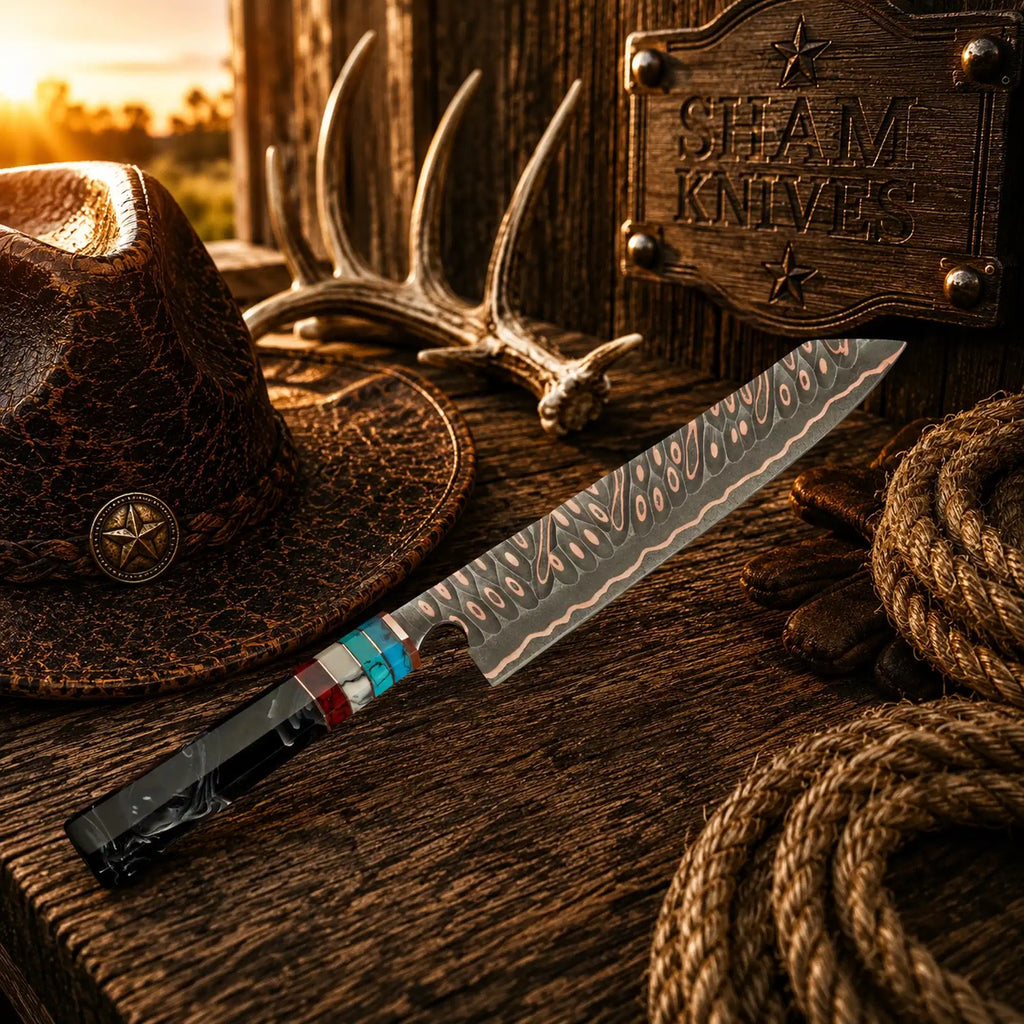 13″ Cu-Mai Copper Damascus Chef Knife with Octagonal Resin Handle - Relic & Reel