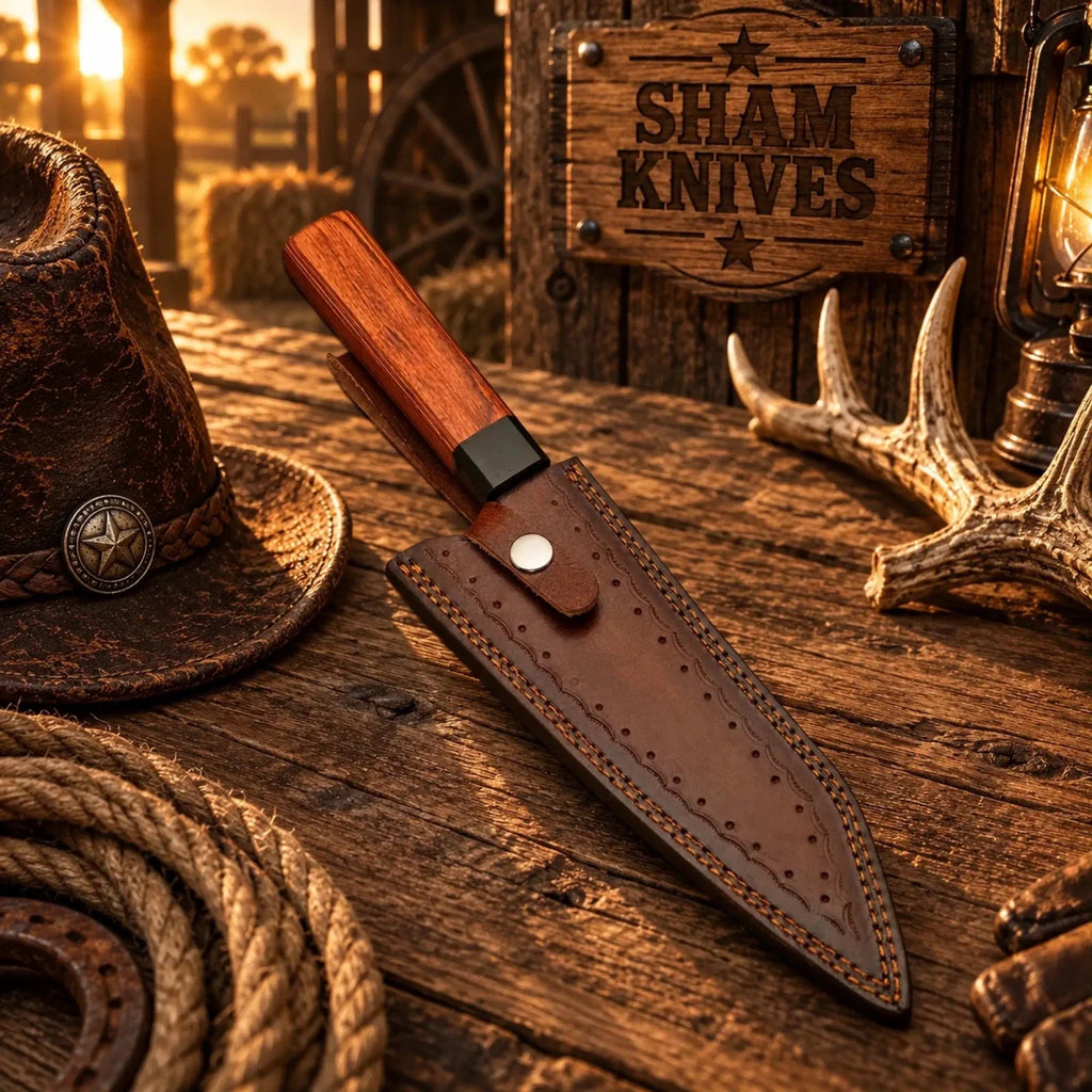 SHAM KNIVES Handmade Copper Damascus K-Tip Gyuto Chef Knife with Rosewood Handle - Relic & Reel