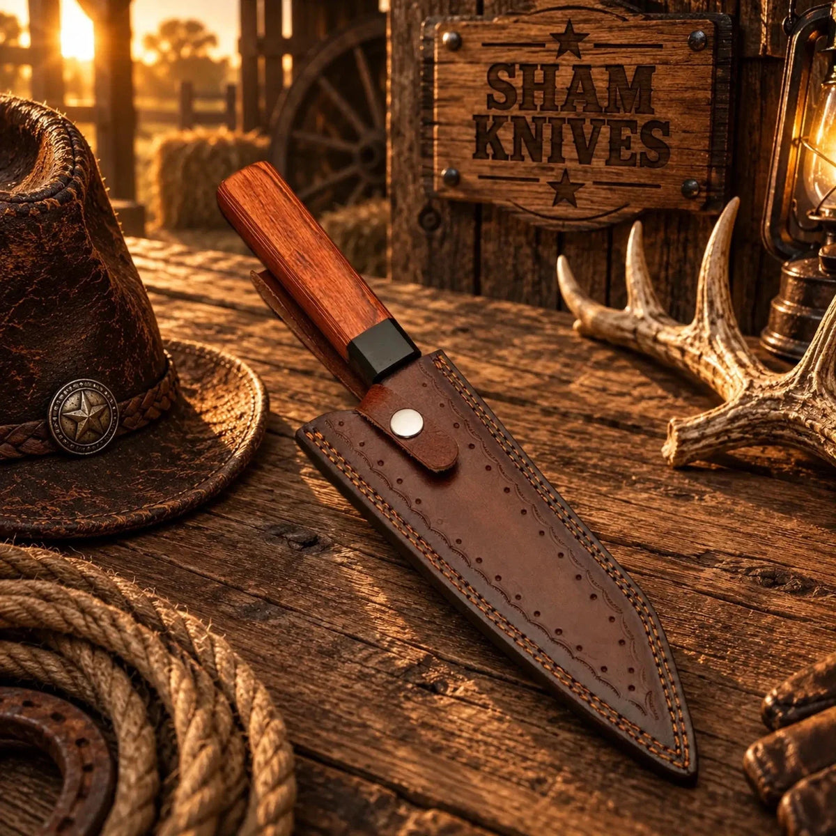 SHAM KNIVES Handmade Copper Damascus K-Tip Gyuto Chef Knife with Rosewood Handle - Relic & Reel