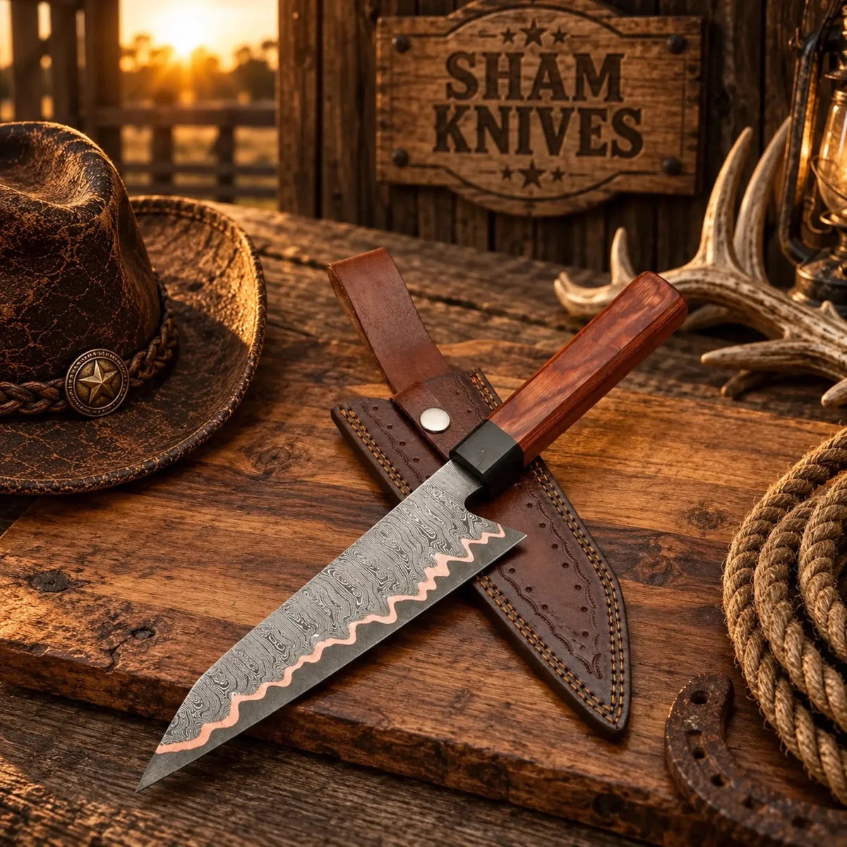 Handmade Copper Damascus K-Tip Gyuto chef knife with rosewood handle - SHAM KNIVES