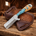 Handmade cowboy bull cutter hunting knife by SHAM KNIVES with steel rasp file blade, turquoise and wood handle.