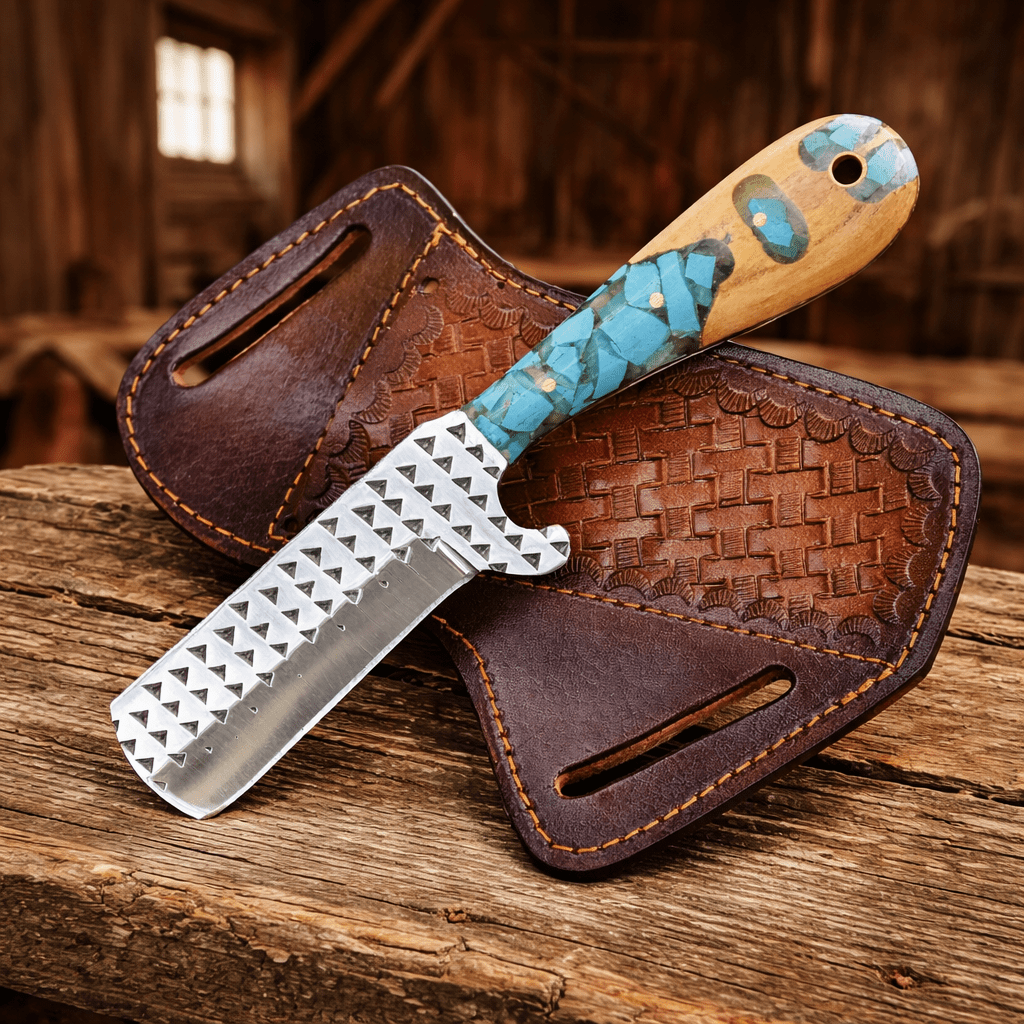 Handmade cowboy bull cutter hunting knife by SHAM KNIVES with steel rasp file blade, turquoise and wood handle.