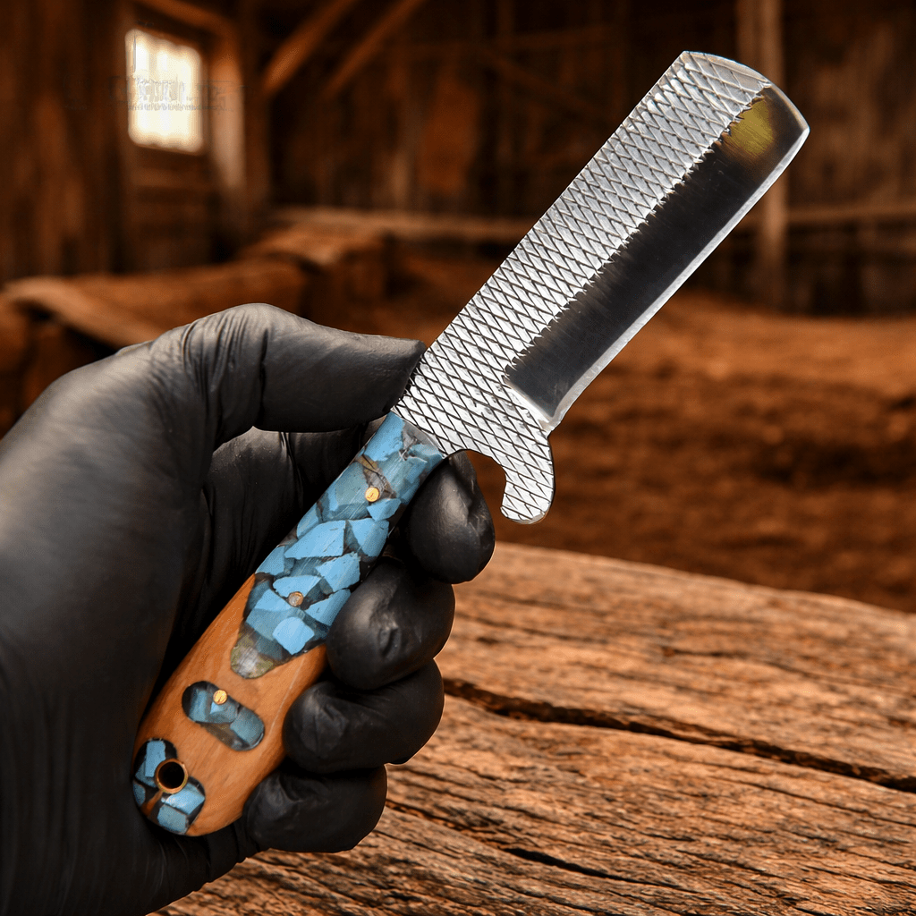 Handmade cowboy bull cutter hunting knife with steel rasp file blade, turquoise and wood handle by SHAM KNIVES.