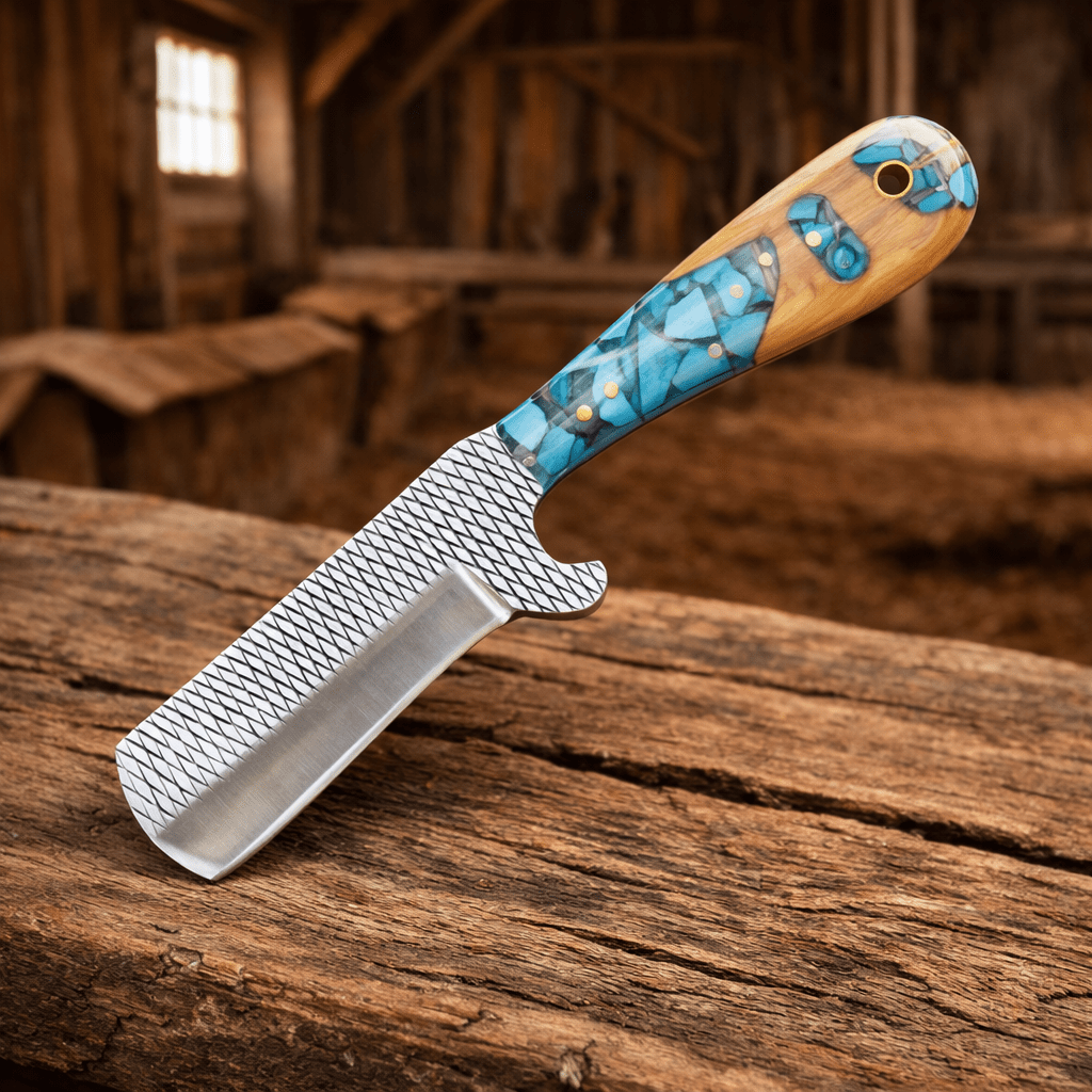 Handmade cowboy bull cutter hunting knife by SHAM KNIVES with steel rasp file blade, turquoise and wood handle.