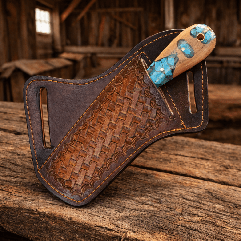 Handmade cowboy bull cutter hunting knife with rasp file steel blade, turquoise and wood handle by SHAM KNIVES.