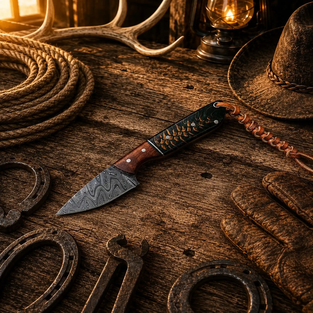 Handmade SHAM KNIVES County Rodeo Carry Knife with Damascus steel blade and pine cone handle, cowboy-style fixed blade knife.