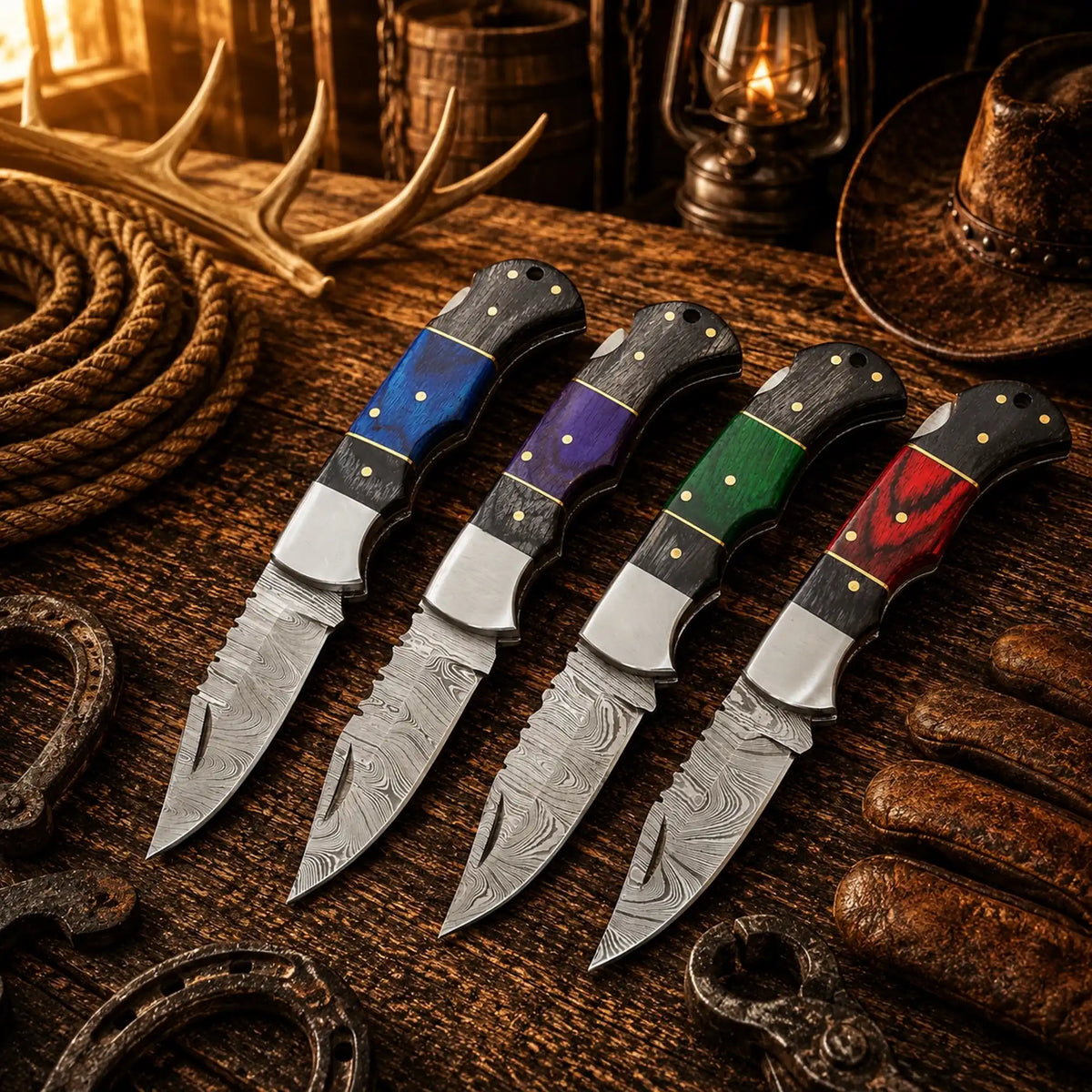 Handmade cowboy Damascus pocket knife from SHAM KNIVES with Pakka wood handle, showcasing intricate blade pattern and craftsmanship.