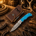Handmade Cowboy Damascus Folding Pocket Knife – Turquoise Handle Back Lock EDC Knife