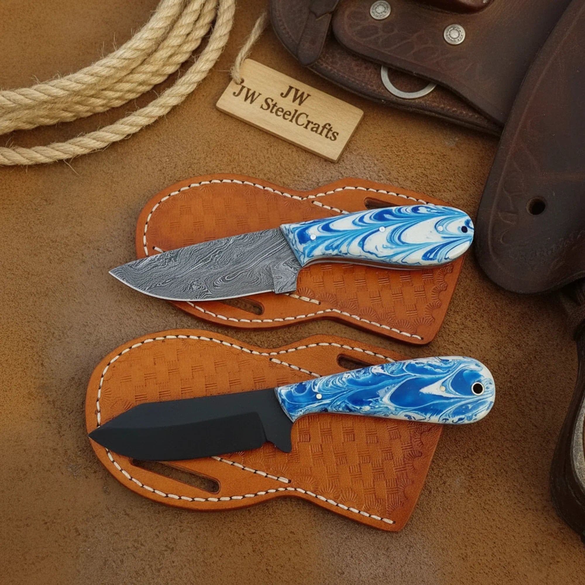 Set of 2 Cowboy Knives Blue Resin Handle Damascus Black Blade Western Pancake Sheaths