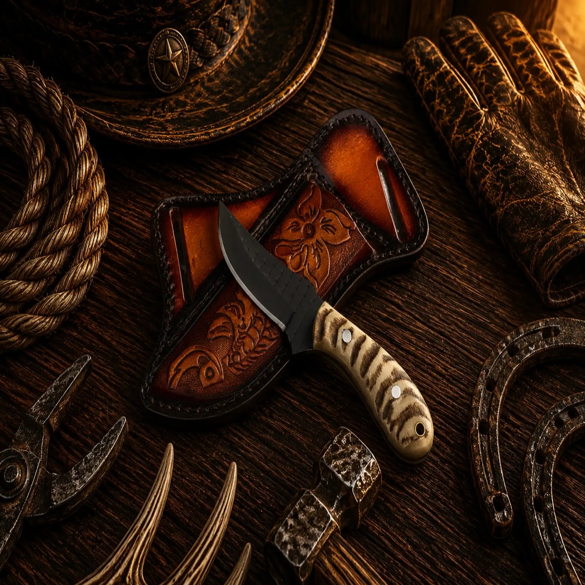 The Iron Ranch Cowboy Knife – Handmade D2 Powder Coated Steel with Ram Horn Handle