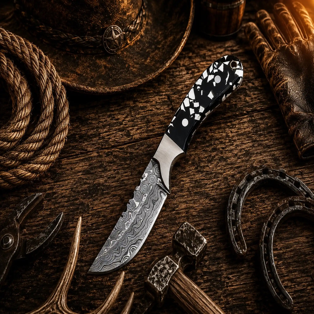 The Working Cowboy Field Knife – Handmade Damascus Steel Belt Knife with Resin Handle