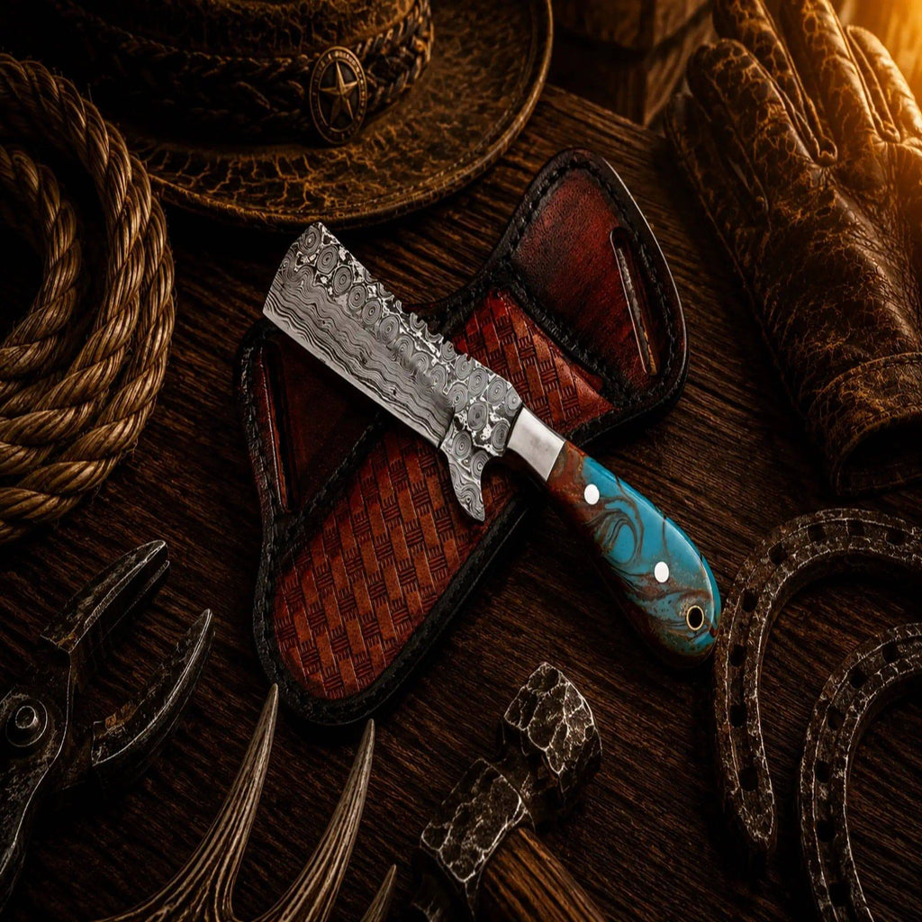 Handmade Damascus steel Bull Cutter knife with epoxy resin handle by SHAM KNIVES, showcasing a sturdy, handcrafted cutting tool.
