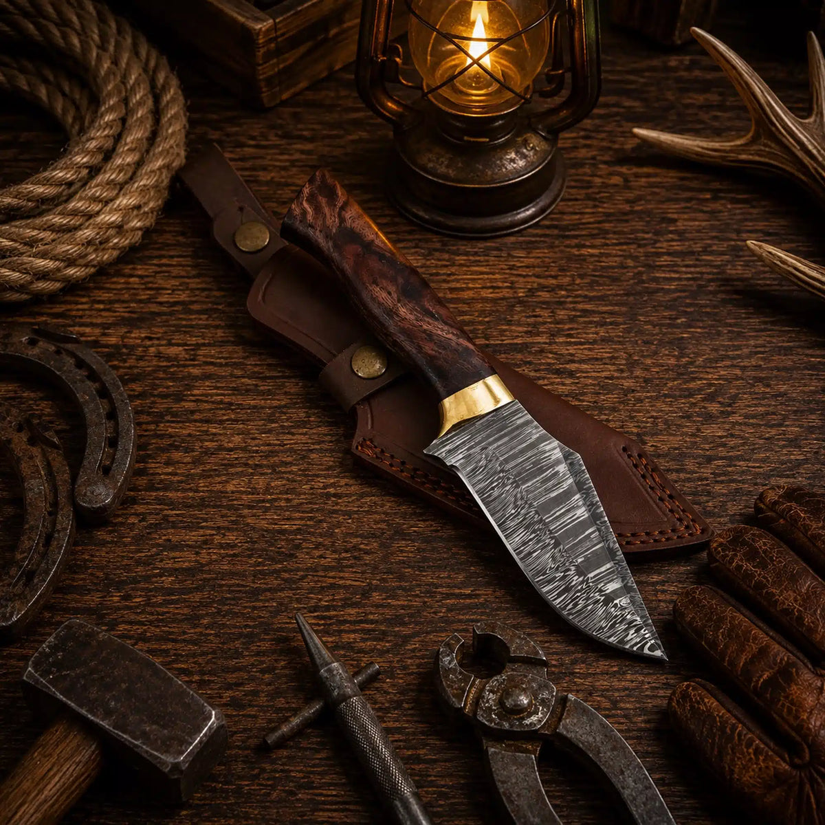 Handmade Damascus steel hunting and camping knife with brass guard by SHAM KNIVES, fixed blade for survival and outdoor activities.