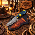 Handmade Damascus Cowboy Skinner Knife – Resin Handle & Sheath